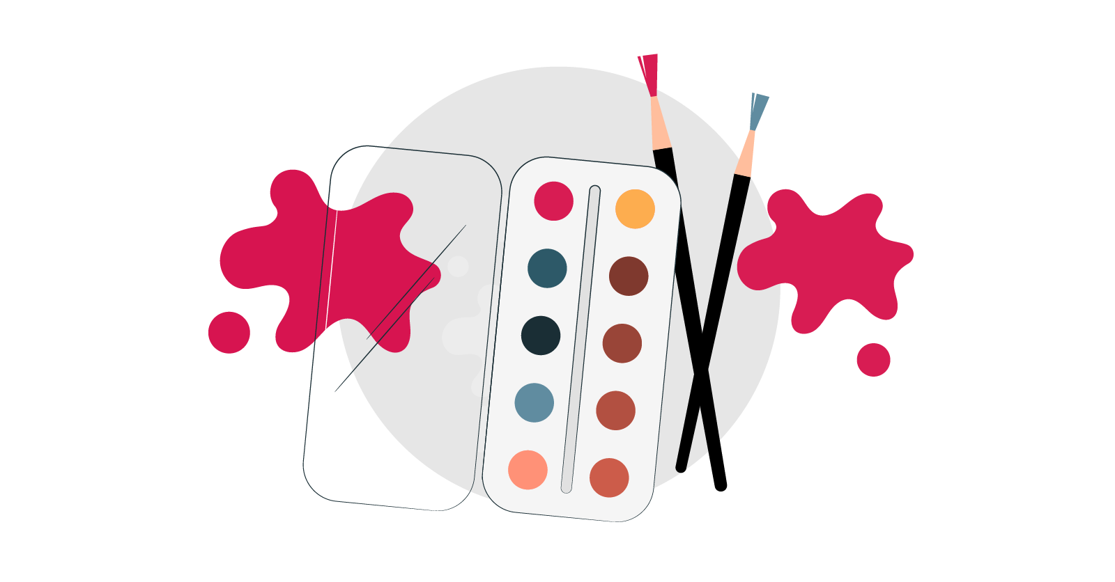 Water colour palette with paint brushes and red blobs of paint
